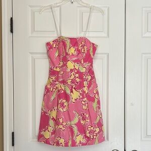Lilly Pulitzer ClassicPink and Yellow Strapless Floral Dress With Slash Pockets